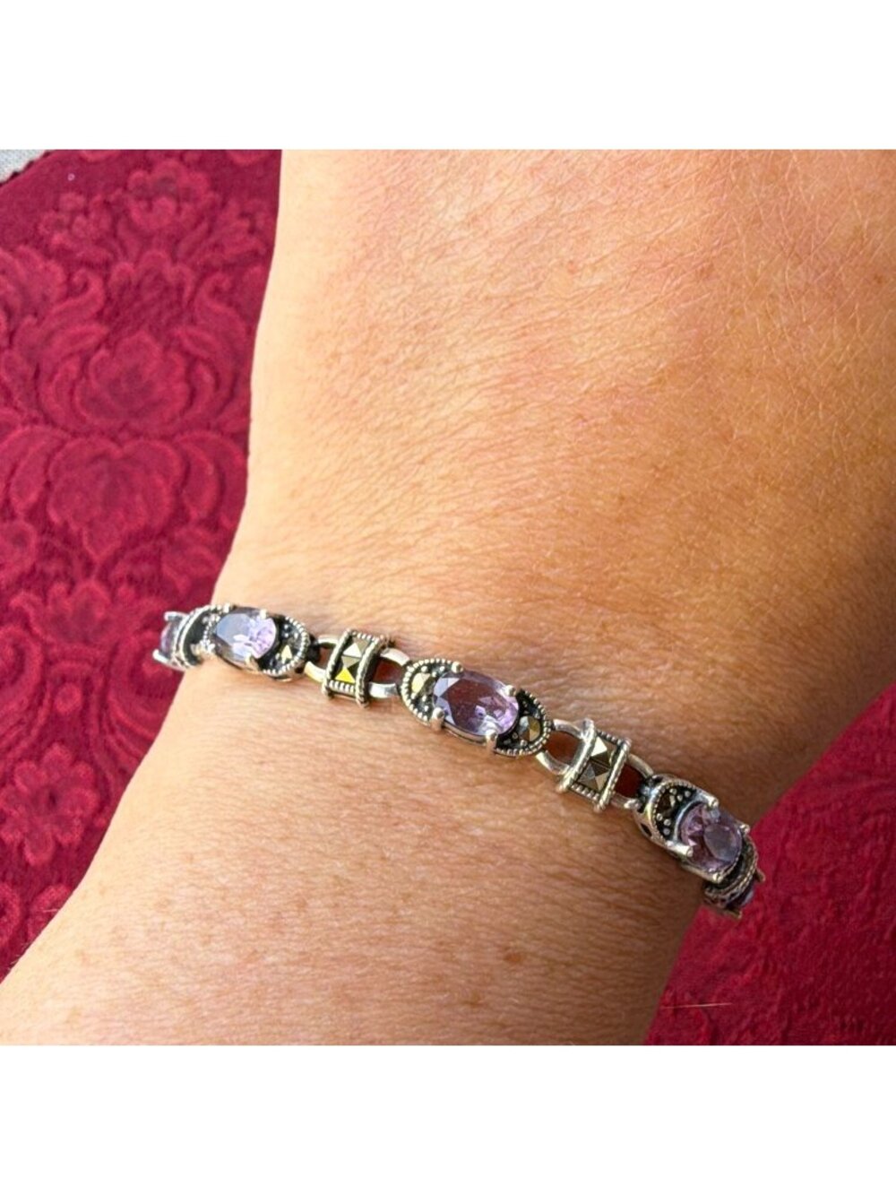 Vintage 925 Sterling Silver Purple Amethyst Marcasite Art Deco Tennis Bracelet